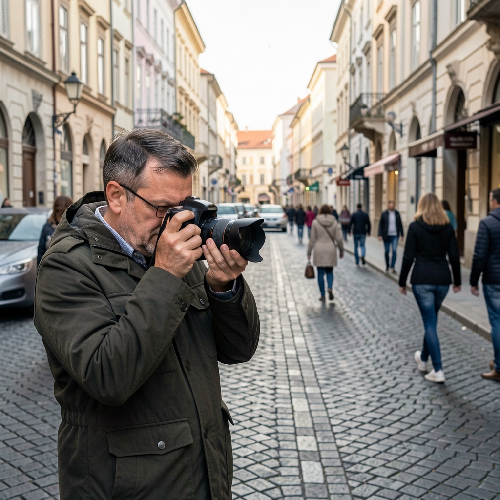 Novinar fotografiše terenske kadrove za medijsku reportažu na ulicama Podgorice